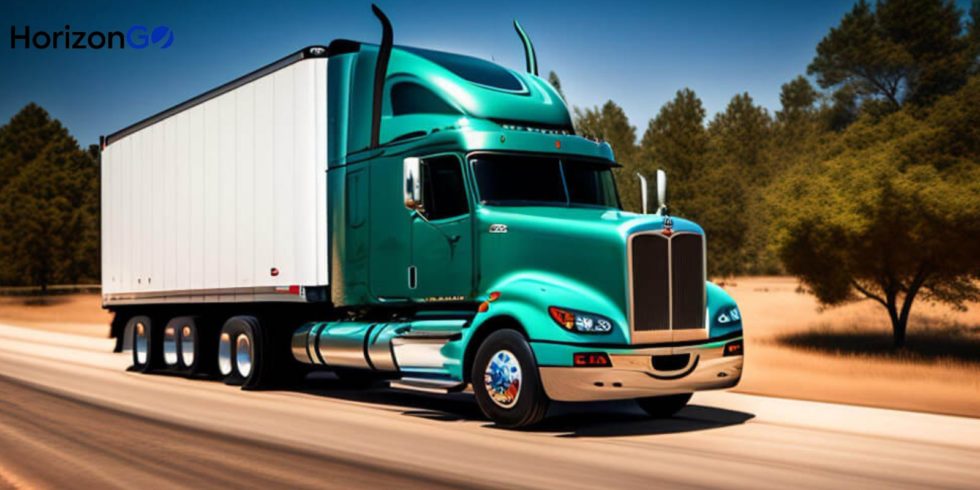 A green truck on the road to delivered loaded to another state