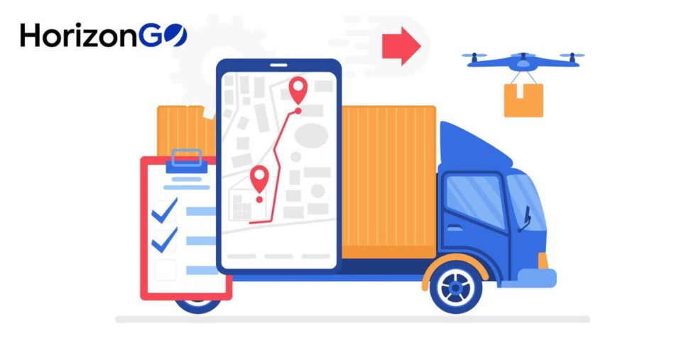 An illustration of a delivery truck, a cell phone, a clipboard, and a drone. The truck is being tracked by trucking tracking software on a cell phone.
