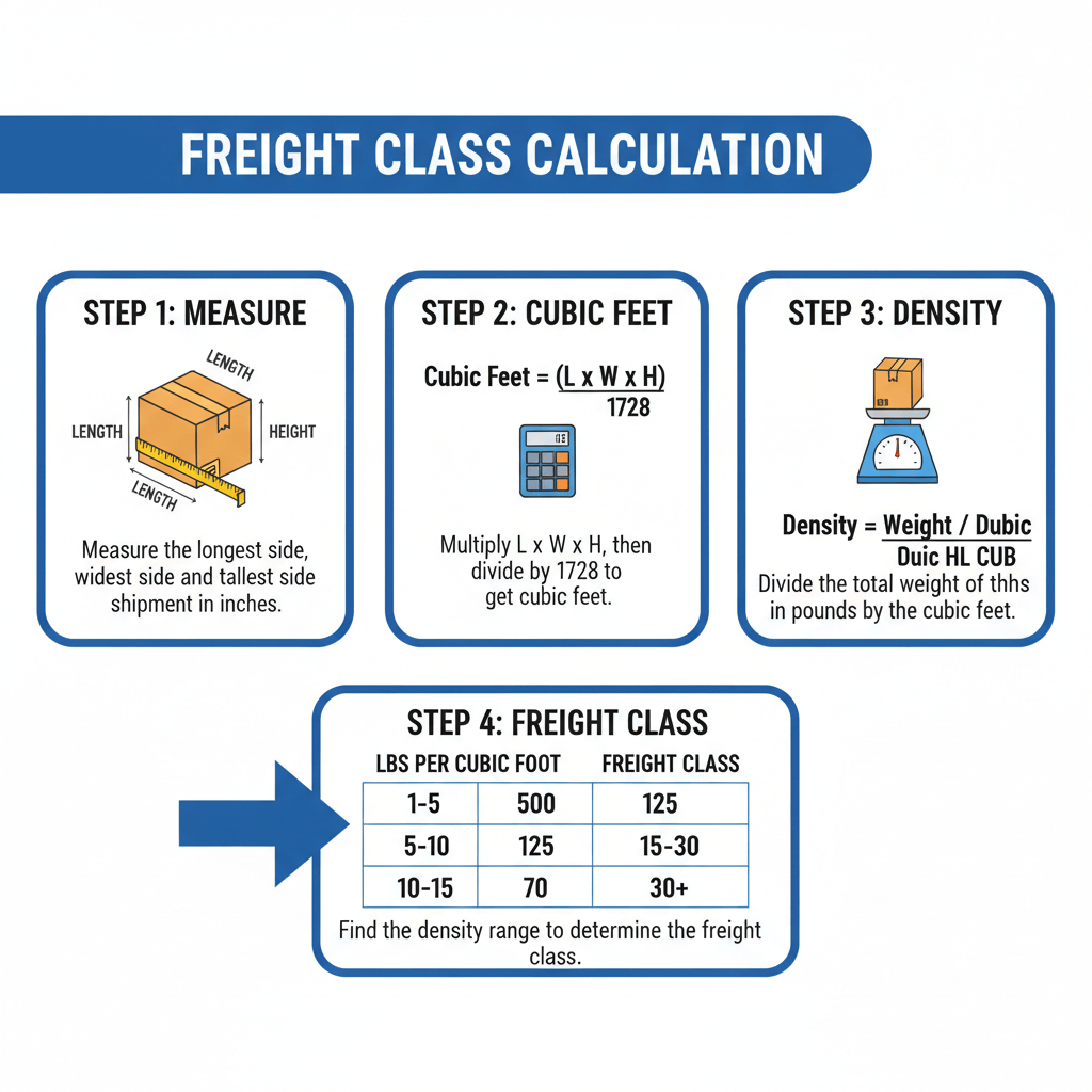 How to calculate freight class step by step with measuring tape, dimensions, and density formula example