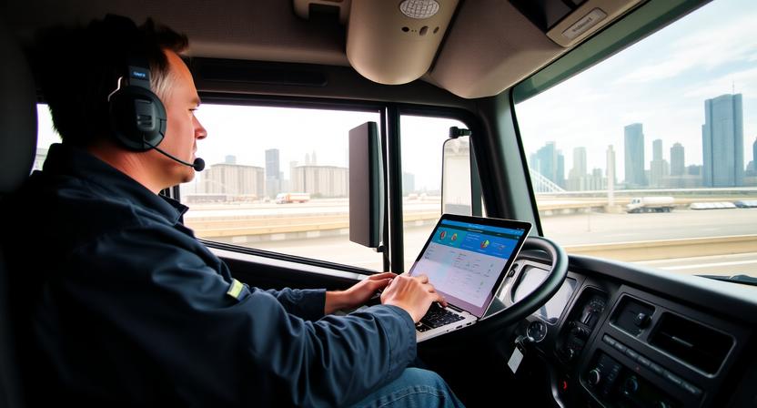Truck driver using load board software on a laptop inside the cab, checking dry van freight options with city skyline visible outside